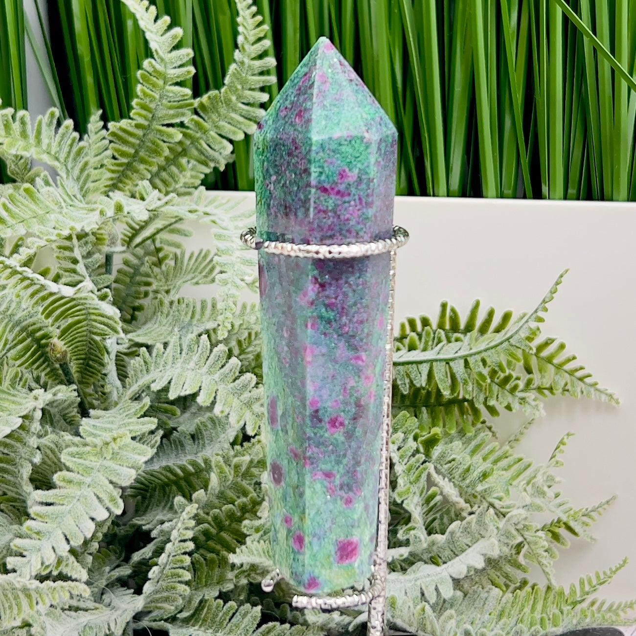 Ruby in Fuchsite UV Reactive Crystal Wand in Stand Generator 184g 121mm