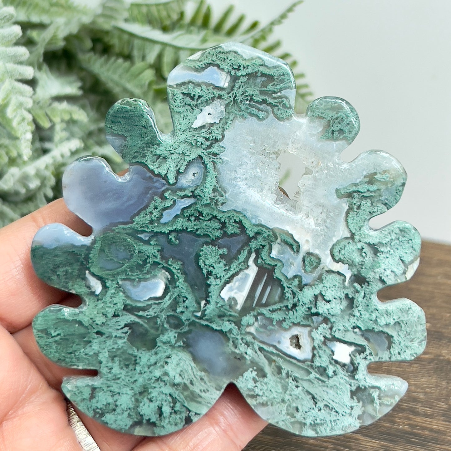 Moss Agate Leaf with Stand Healing Crystal Plant Carving 132g