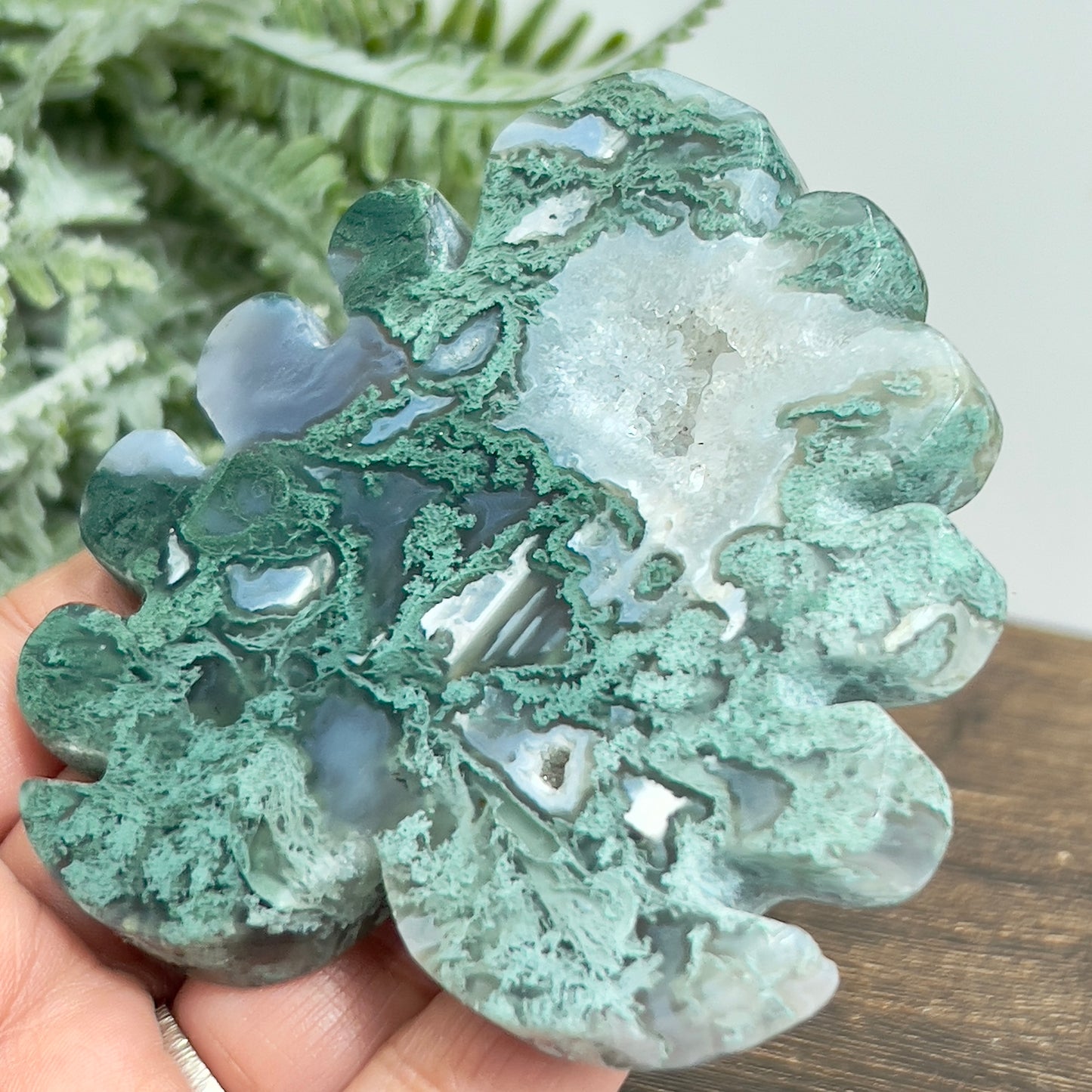 Moss Agate Leaf with Stand Healing Crystal Plant Carving 132g