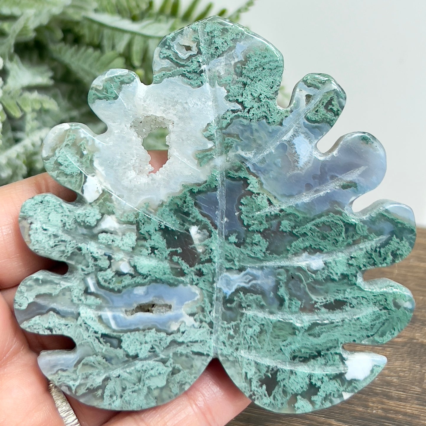 Moss Agate Leaf with Stand Healing Crystal Plant Carving 132g