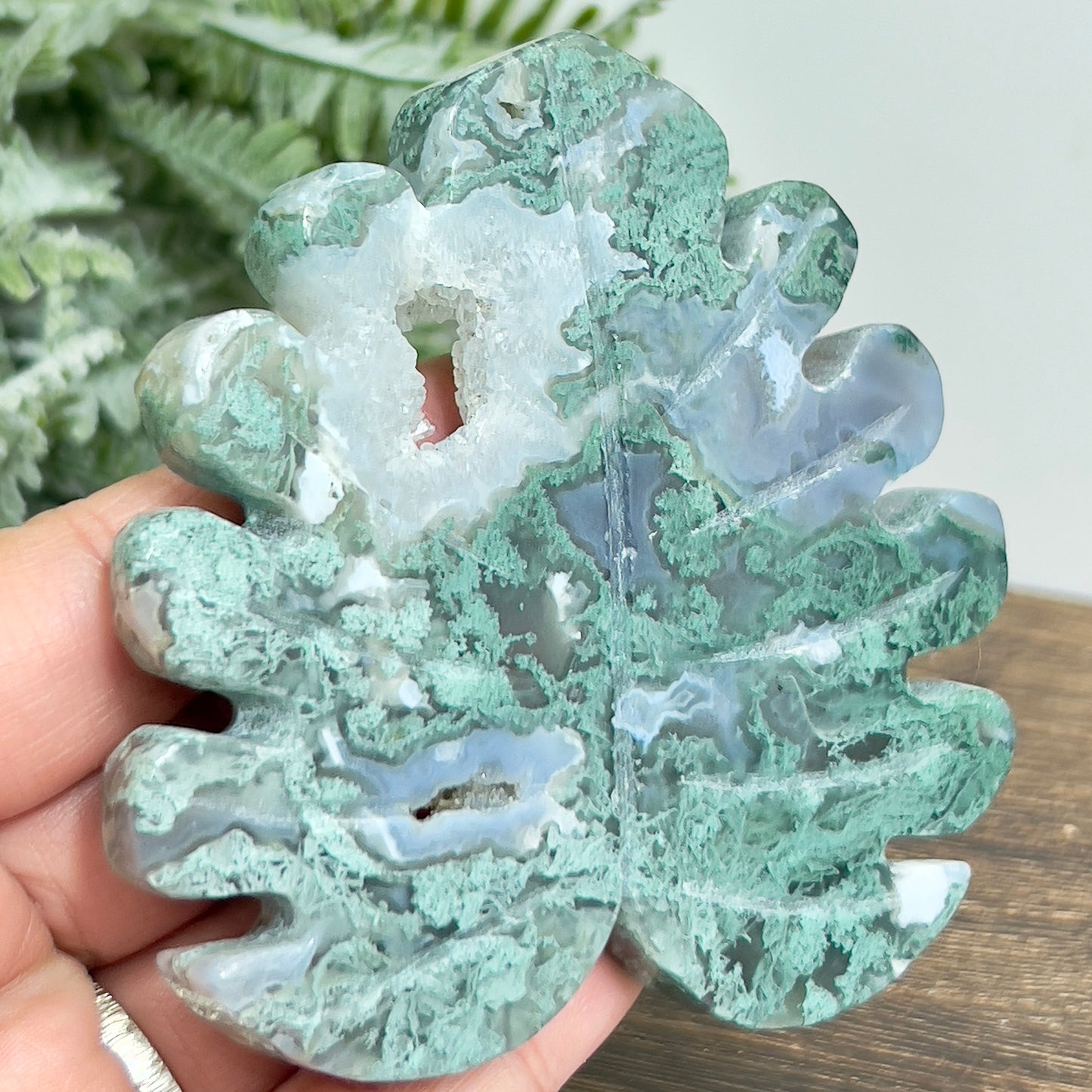 Moss Agate Leaf with Stand Healing Crystal Plant Carving 132g