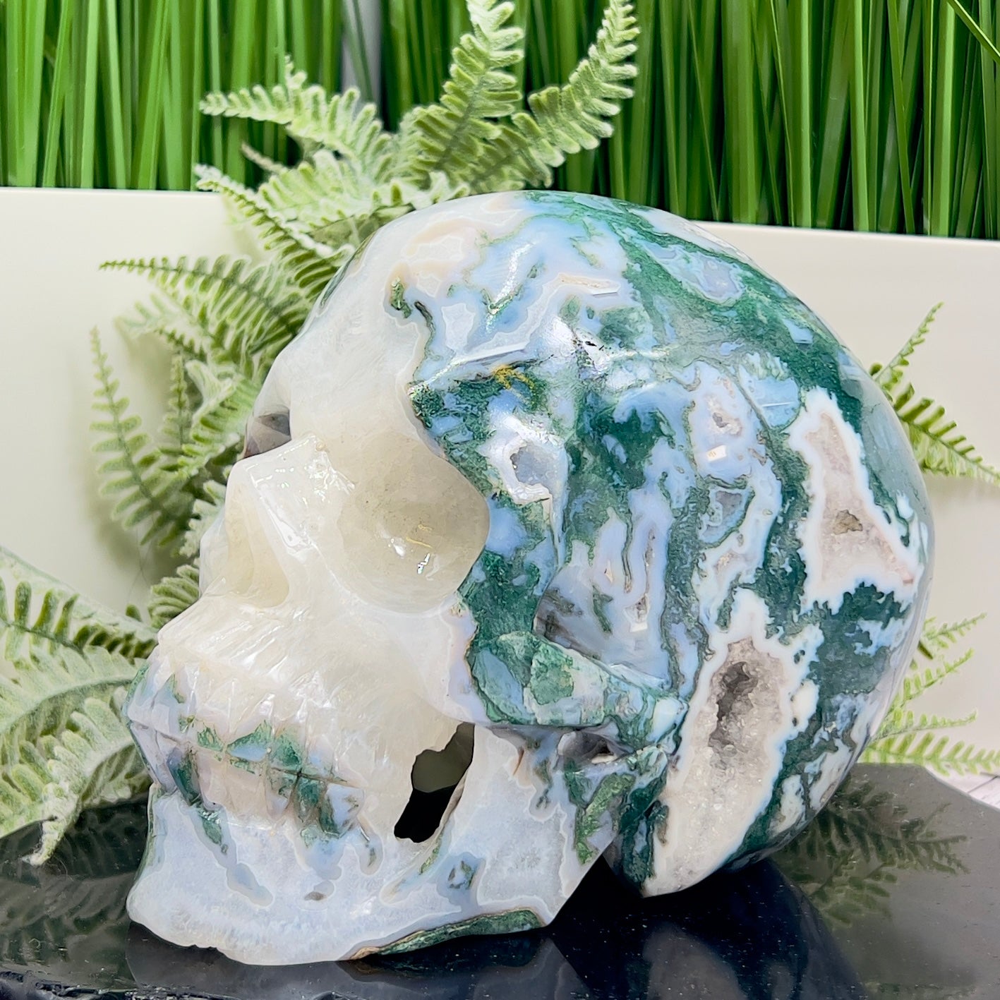 Moss Agate Druzy Hollow Jaw Skull Extra Large Healing Crystal Carving 2982g