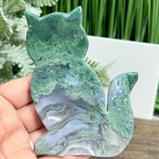 Moss Agate Kitty Cat Healing Crystal Animal Carving 180g