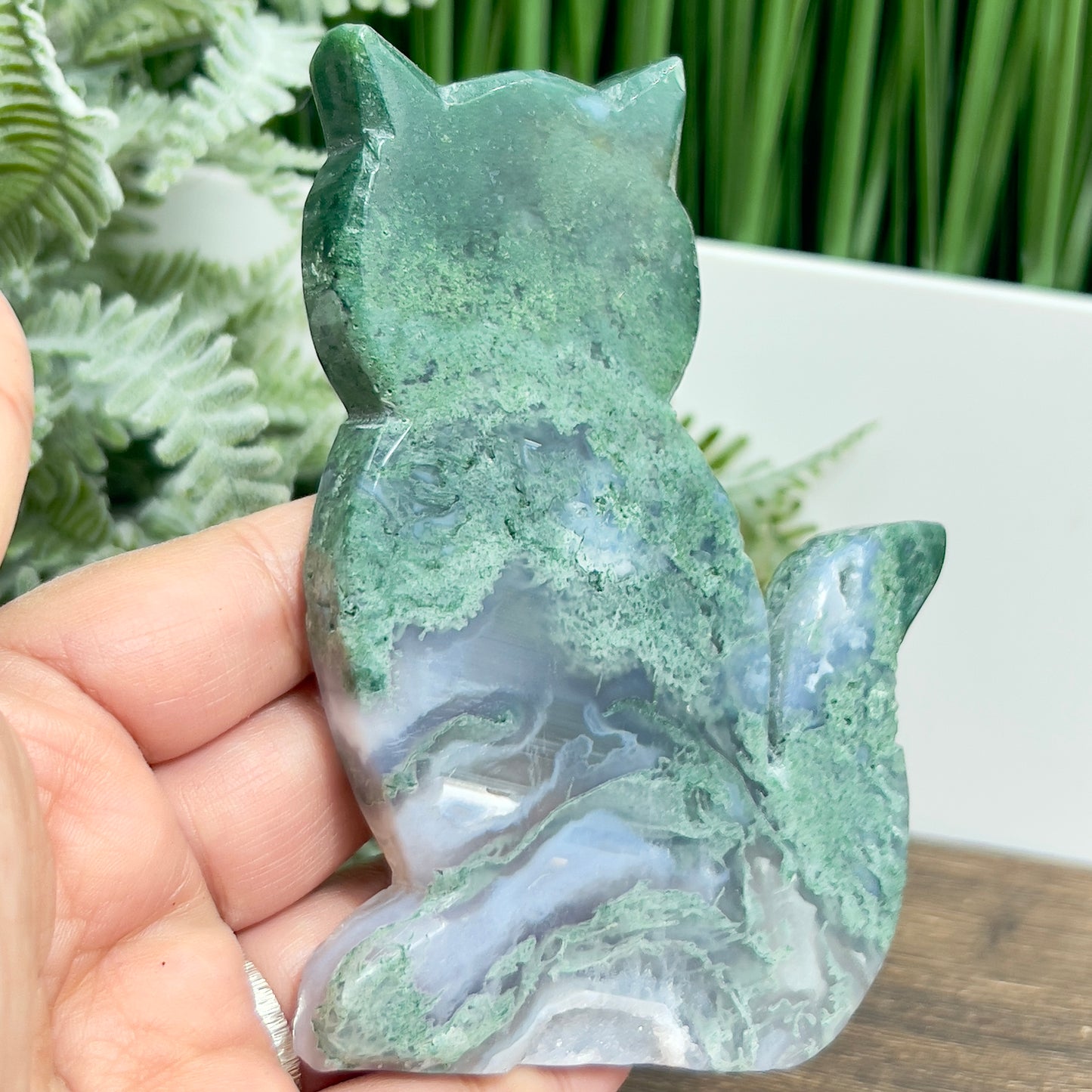 Moss Agate Kitty Cat Healing Crystal Animal Carving 180g