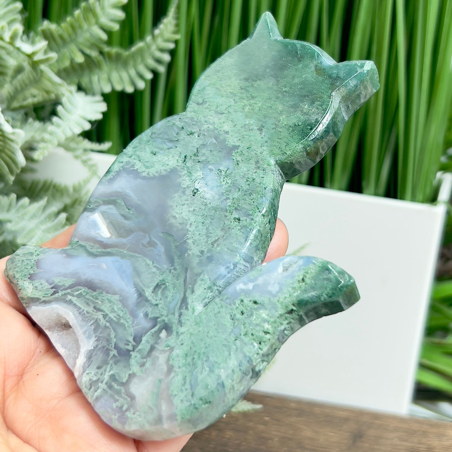 Moss Agate Kitty Cat Healing Crystal Animal Carving 180g