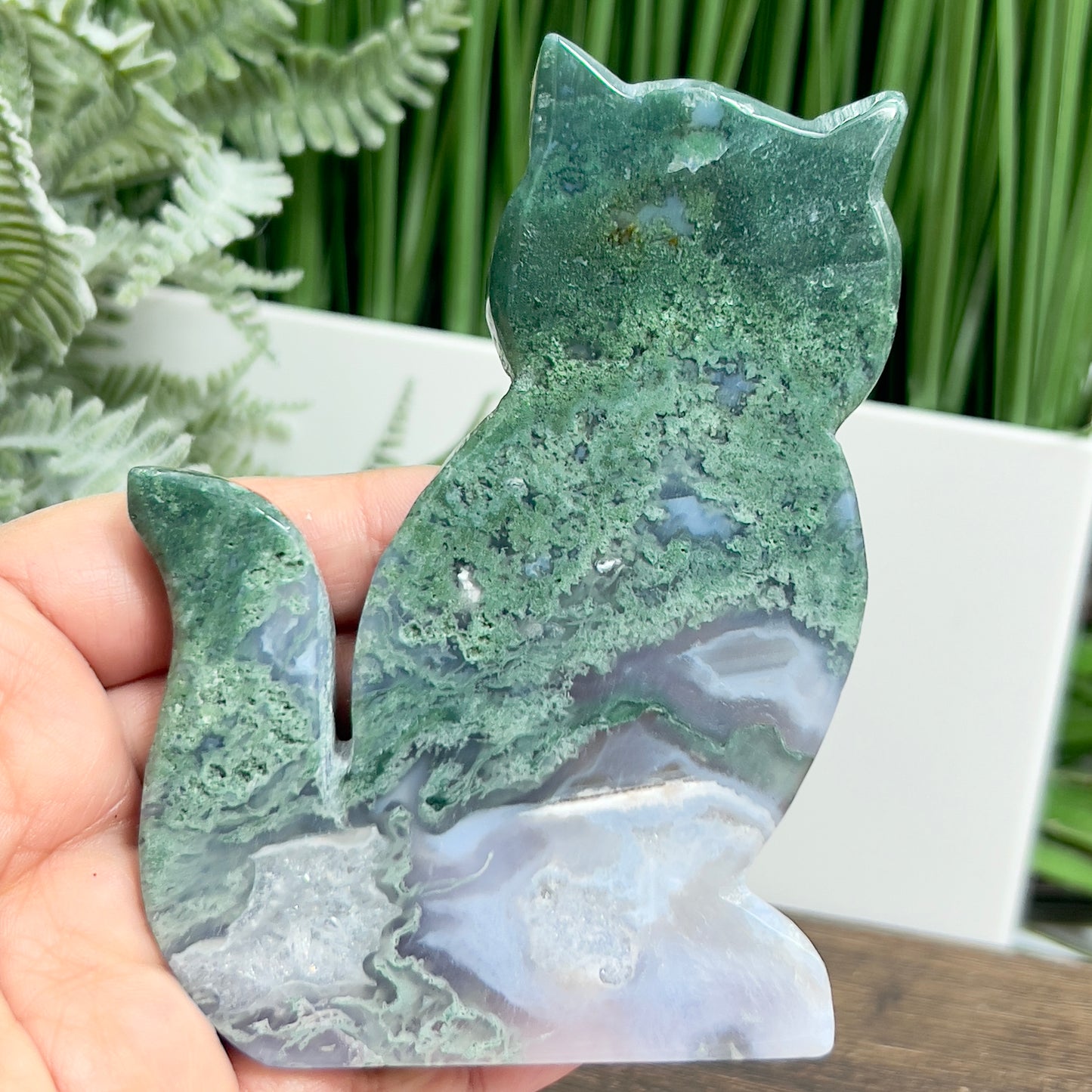 Moss Agate Kitty Cat Healing Crystal Animal Carving 180g