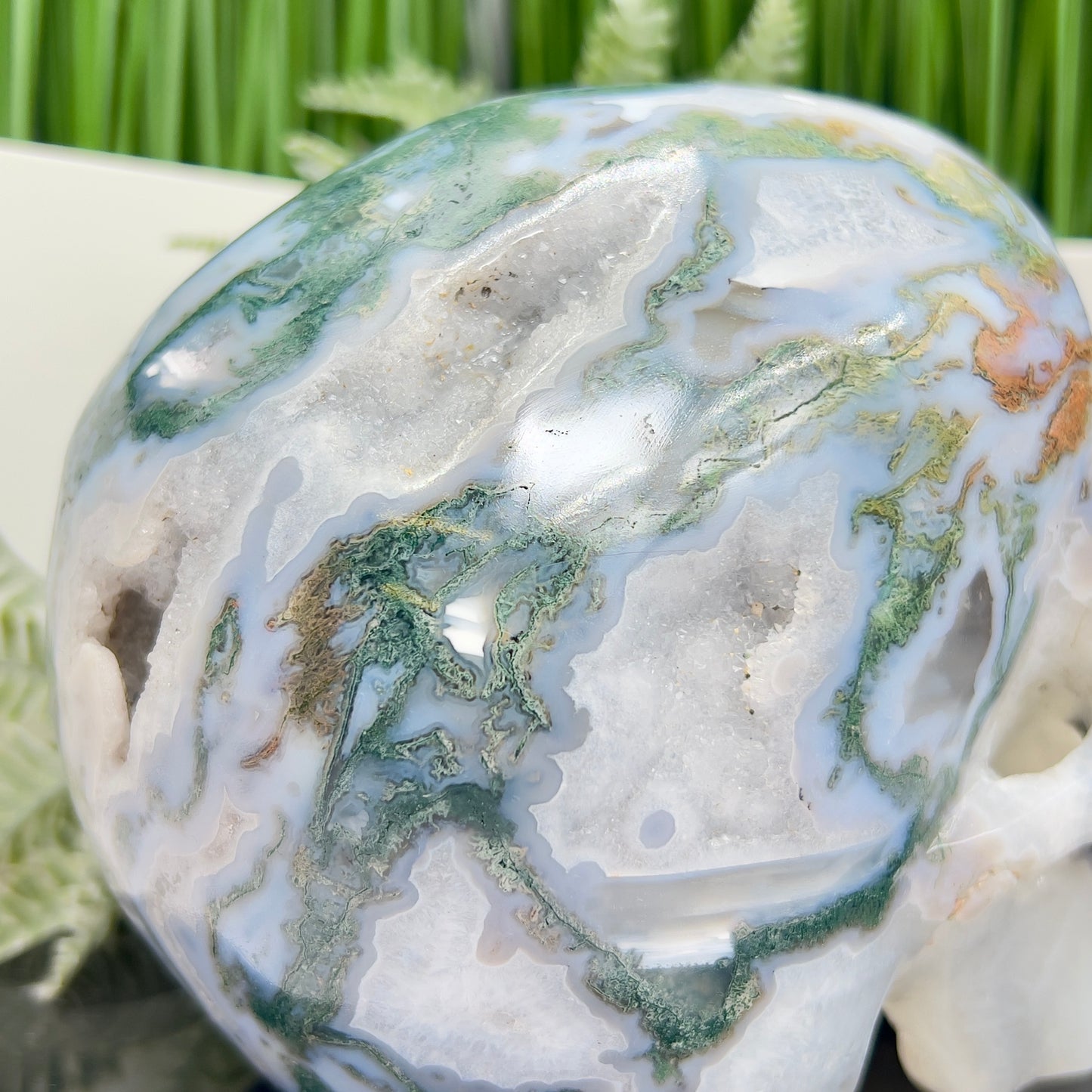 Moss Agate Druzy Hollow Jaw Skull Extra Large Healing Crystal Carving 2982g