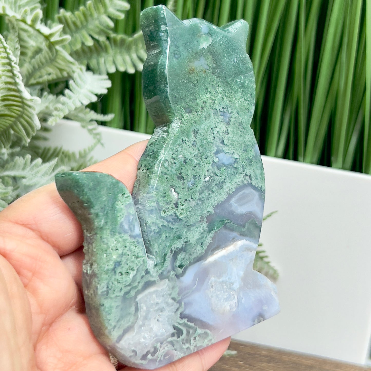 Moss Agate Kitty Cat Healing Crystal Animal Carving 180g