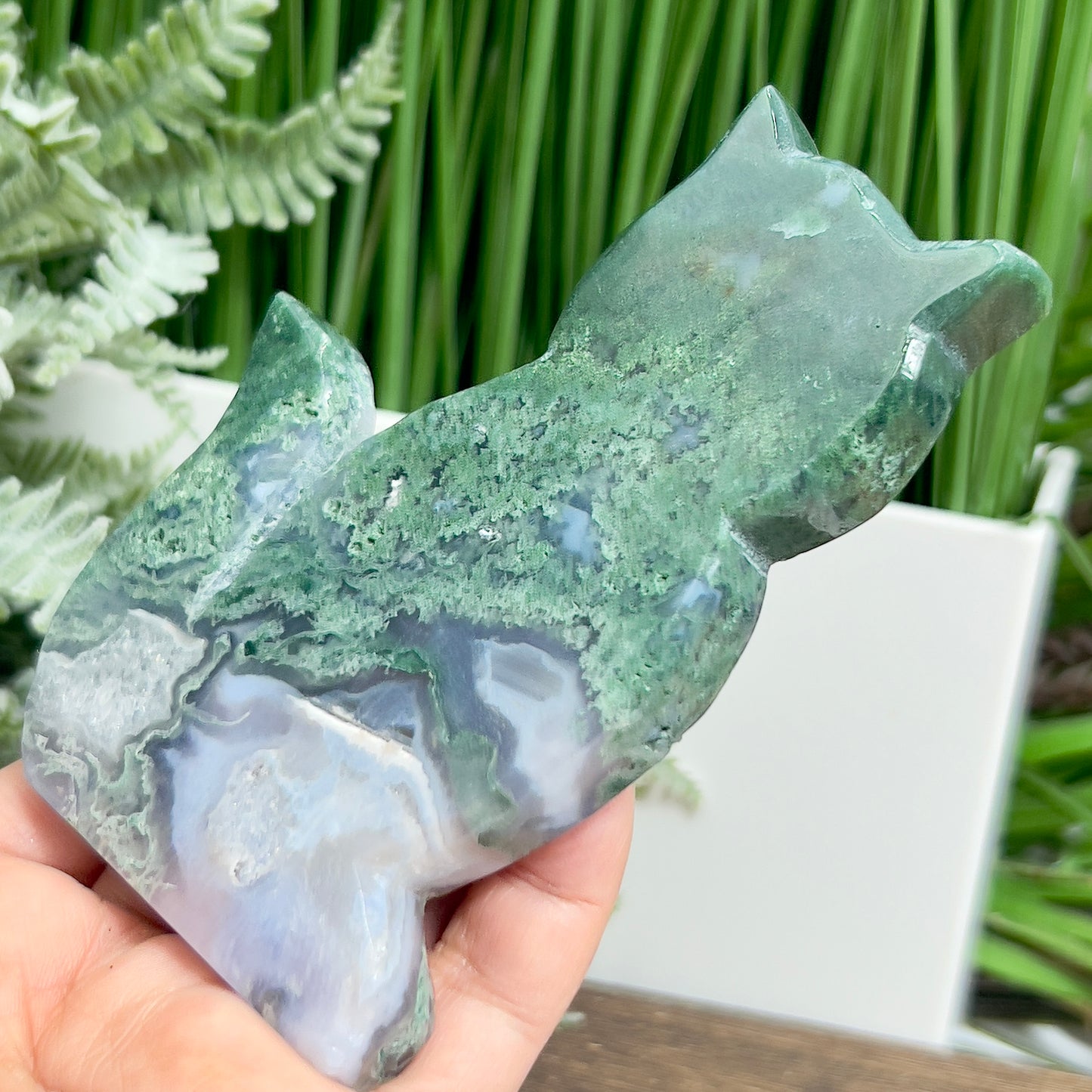 Moss Agate Kitty Cat Healing Crystal Animal Carving 180g