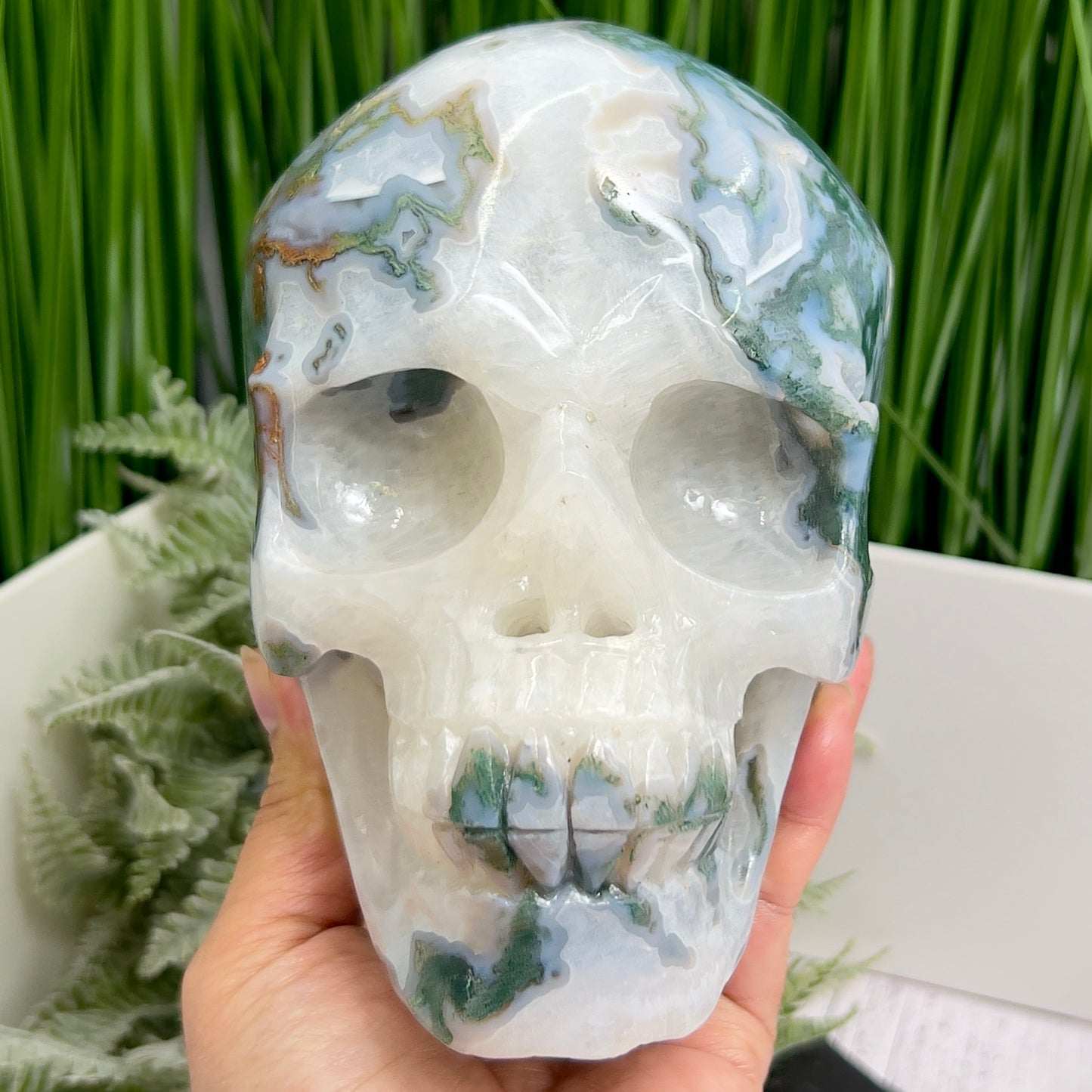 Moss Agate Druzy Hollow Jaw Skull Extra Large Healing Crystal Carving 2982g