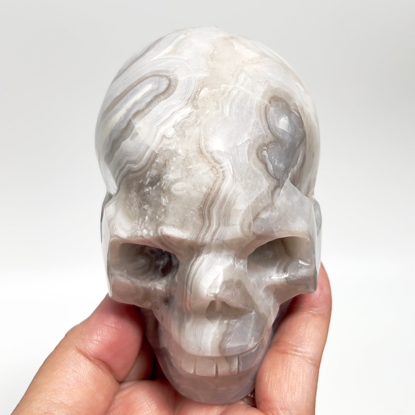 White Crazy Lace Agate Skull Healing Crystal Carving 811g