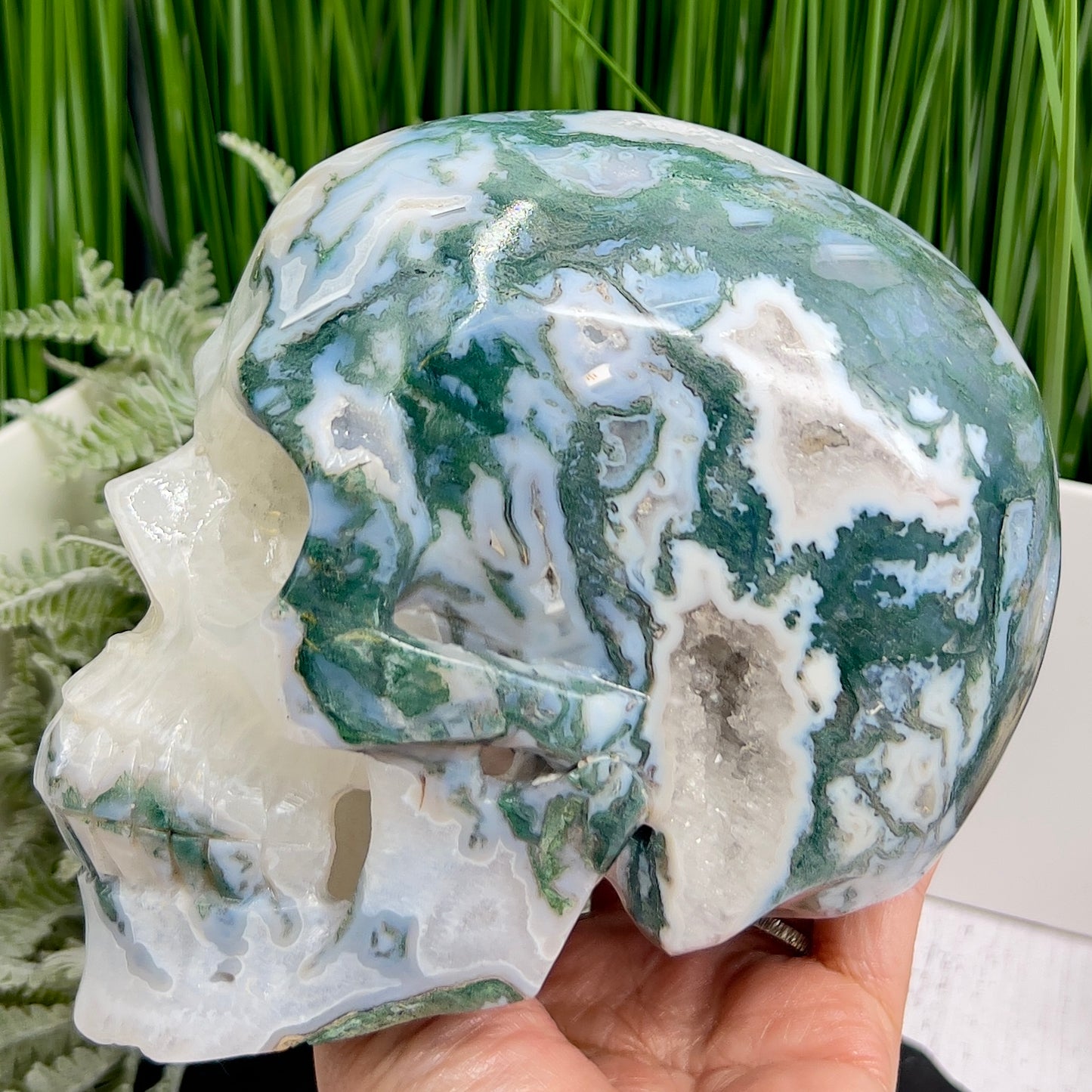 Moss Agate Druzy Hollow Jaw Skull Extra Large Healing Crystal Carving 2982g