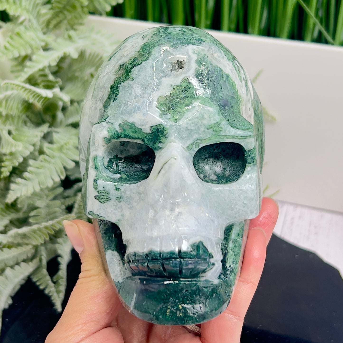 Moss Agate Druzy Skull Healing Crystal Carving 1218g