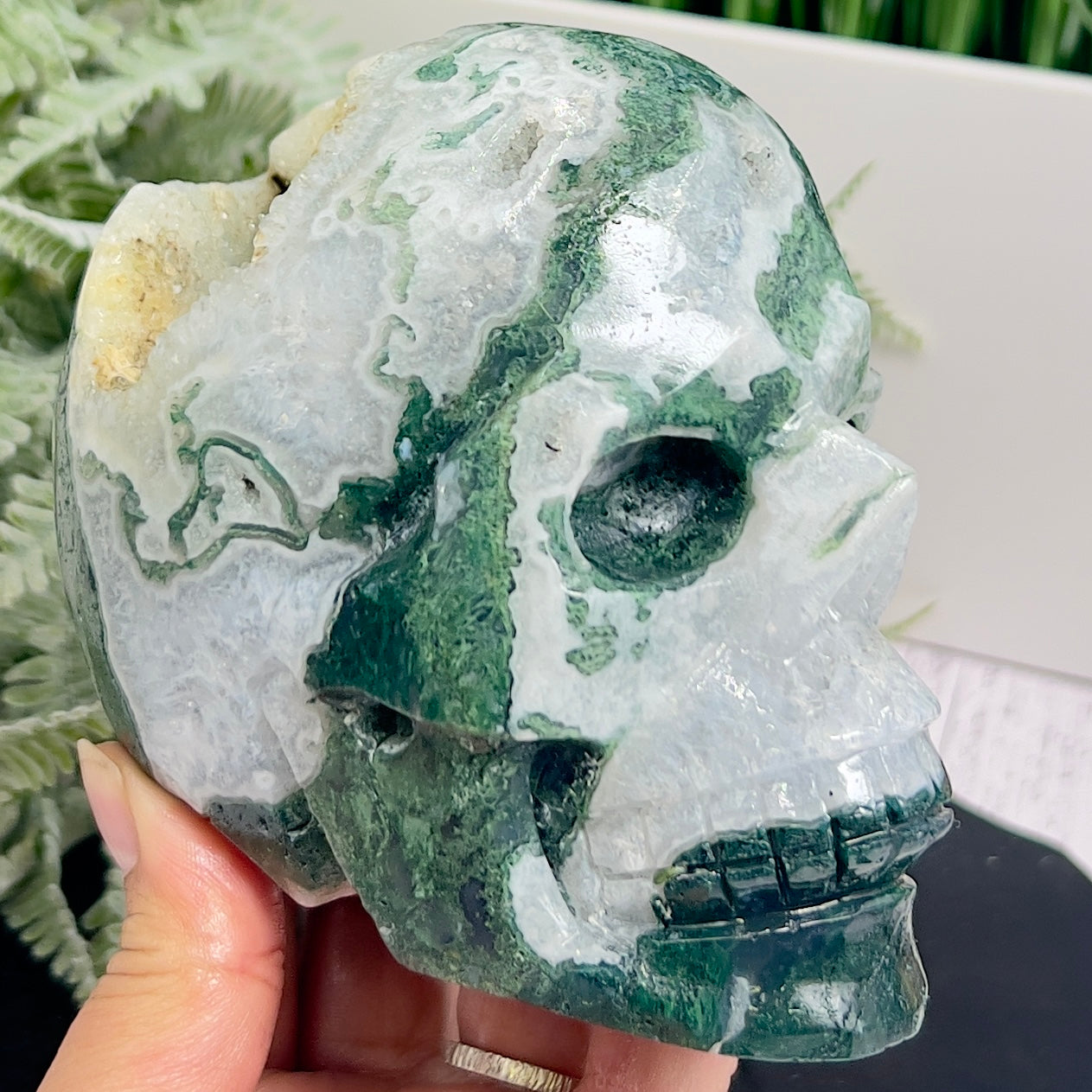 Moss Agate Druzy Skull Healing Crystal Carving 1218g