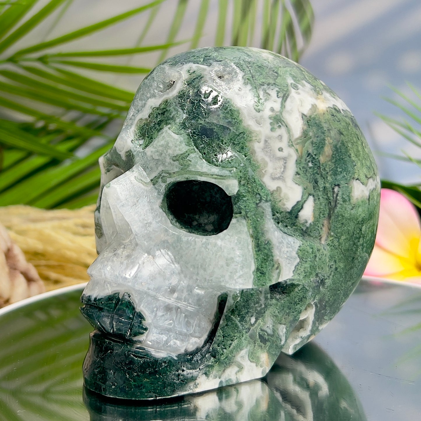 Moss Agate Druzy Skull Healing Crystal Carving 1218g