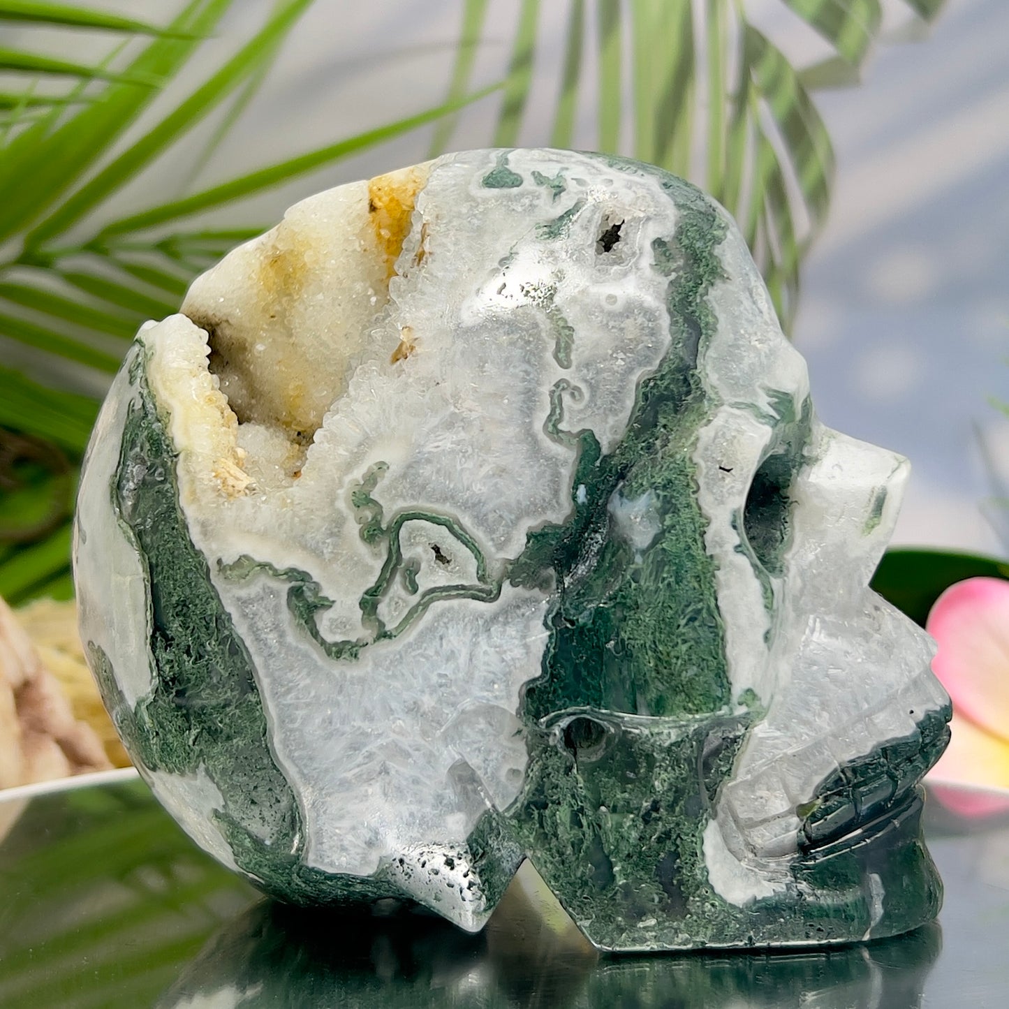 Moss Agate Druzy Skull Healing Crystal Carving 1218g