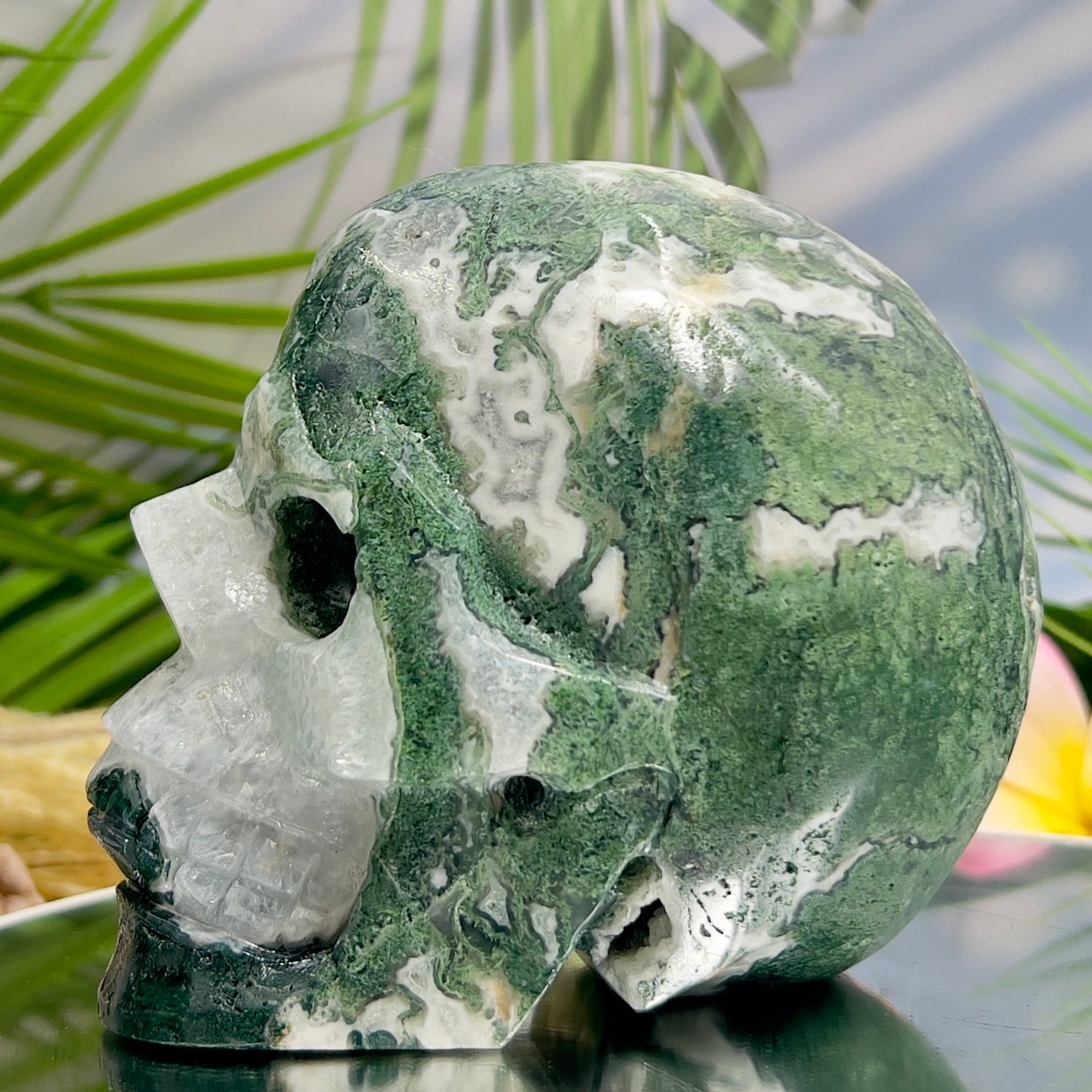 Moss Agate Druzy Skull Healing Crystal Carving 1218g