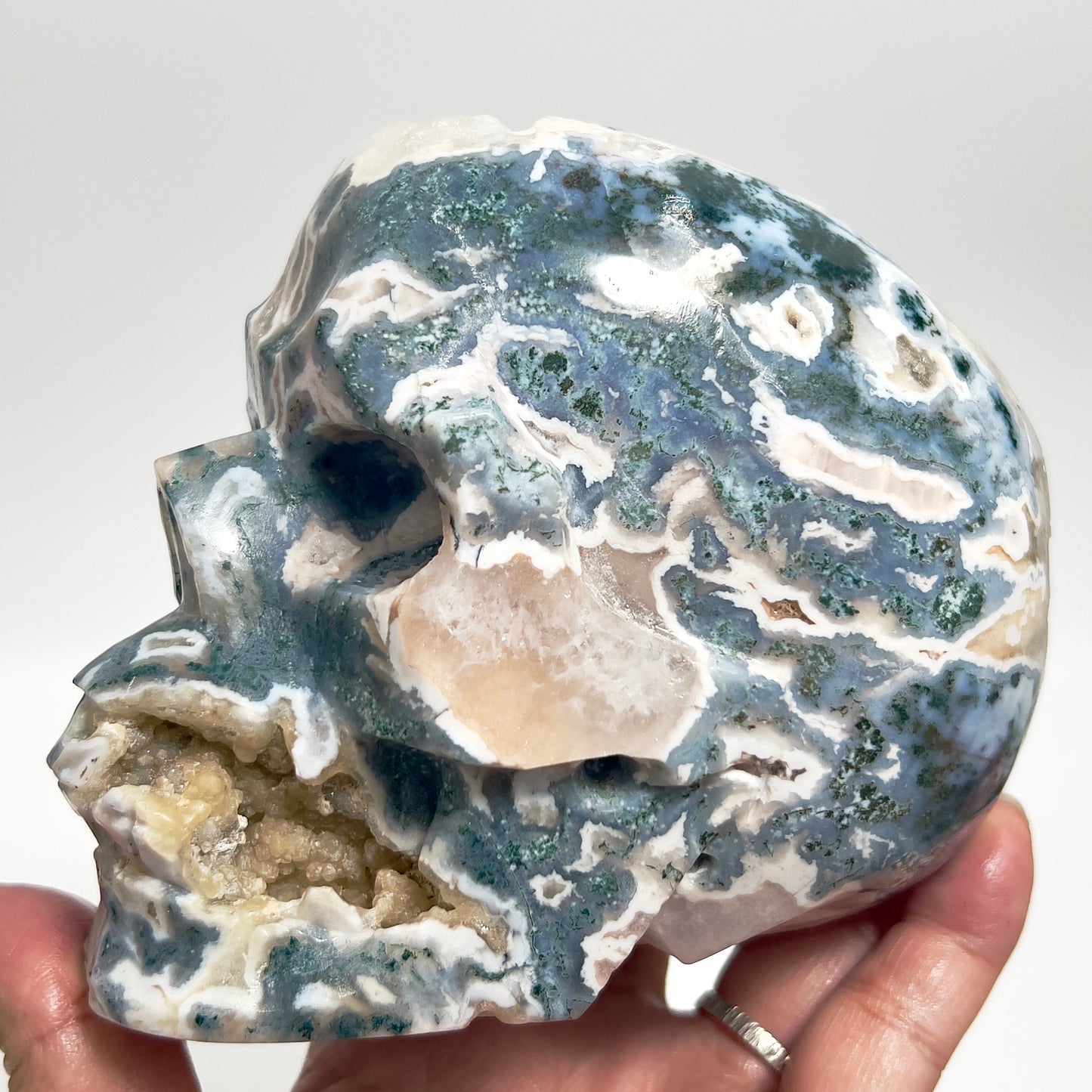 Moss Agate Skull Healing Crystal Carving 1455g