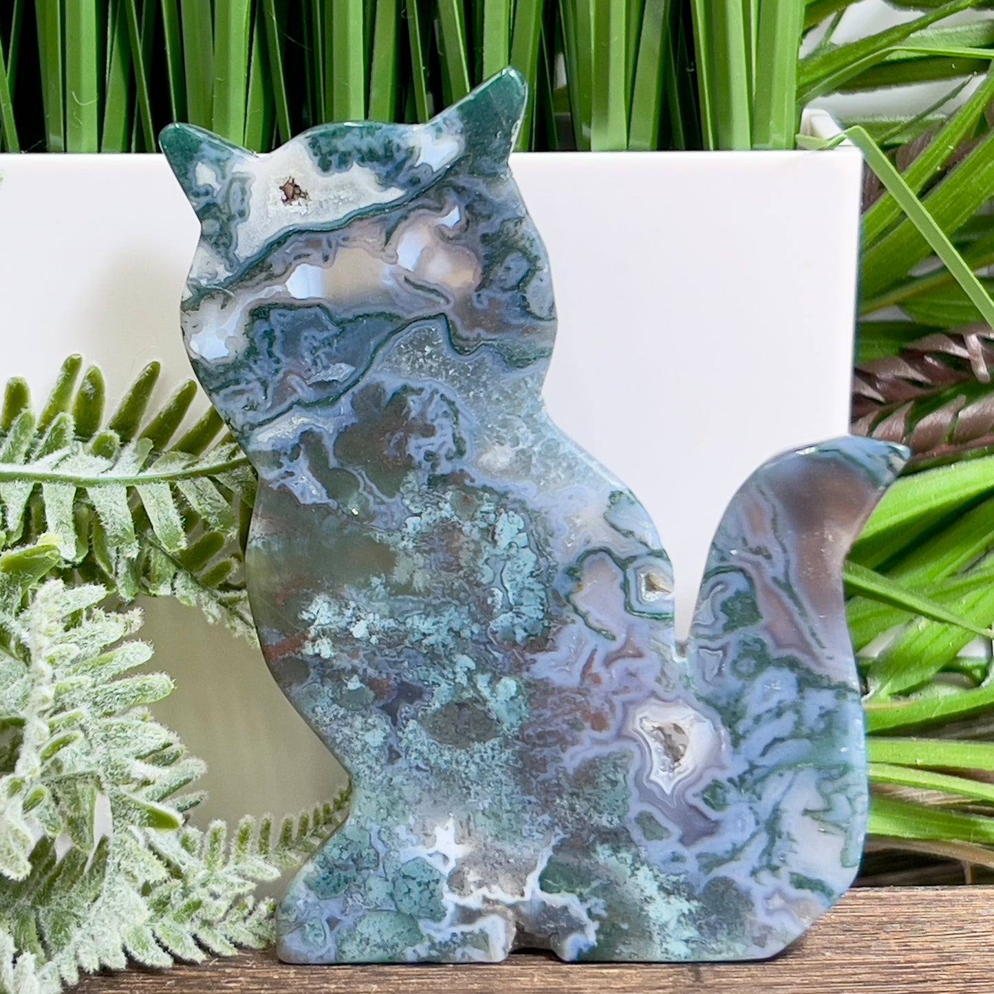 Moss Agate Kitty Cat Healing Crystal Animal Carving 144g