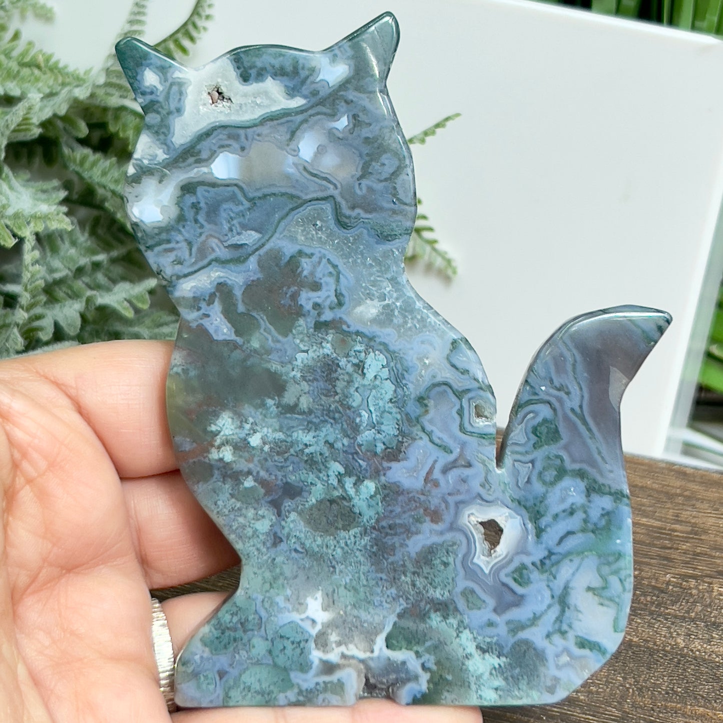 Moss Agate Kitty Cat Healing Crystal Animal Carving 144g