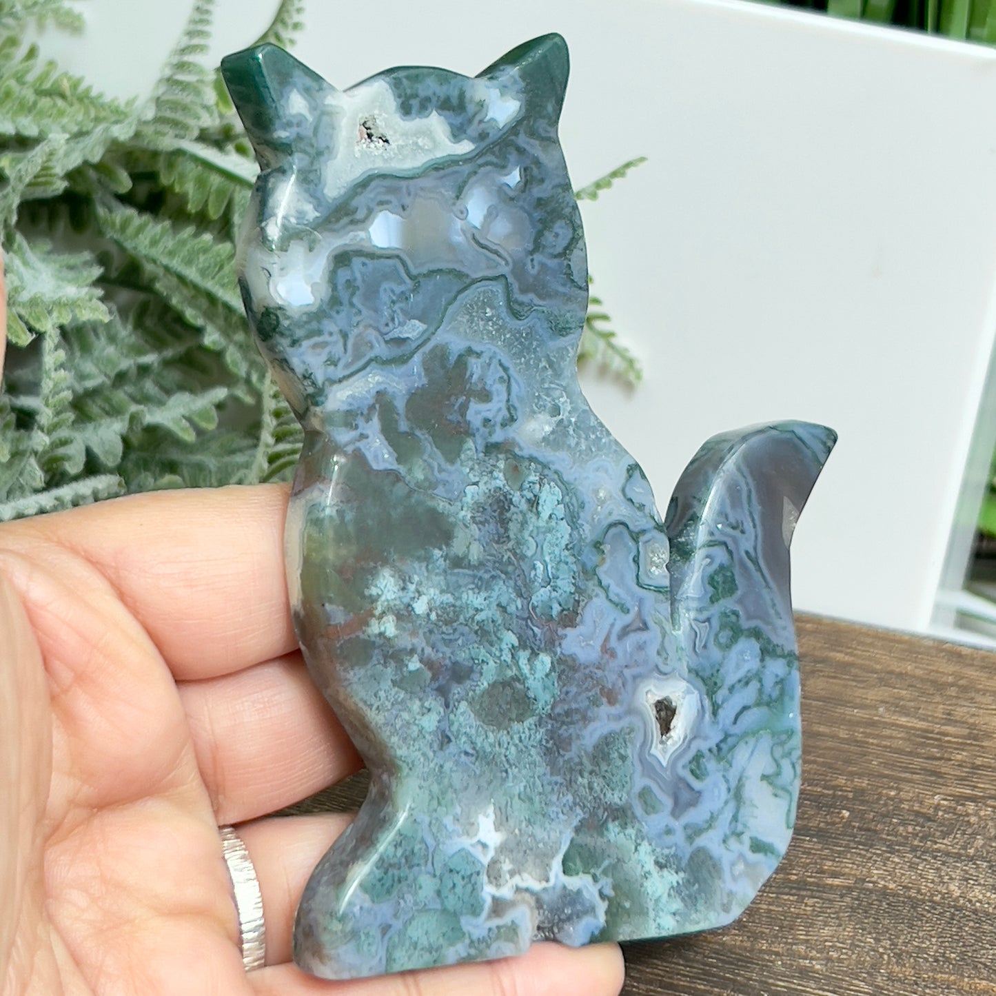 Moss Agate Kitty Cat Healing Crystal Animal Carving 144g