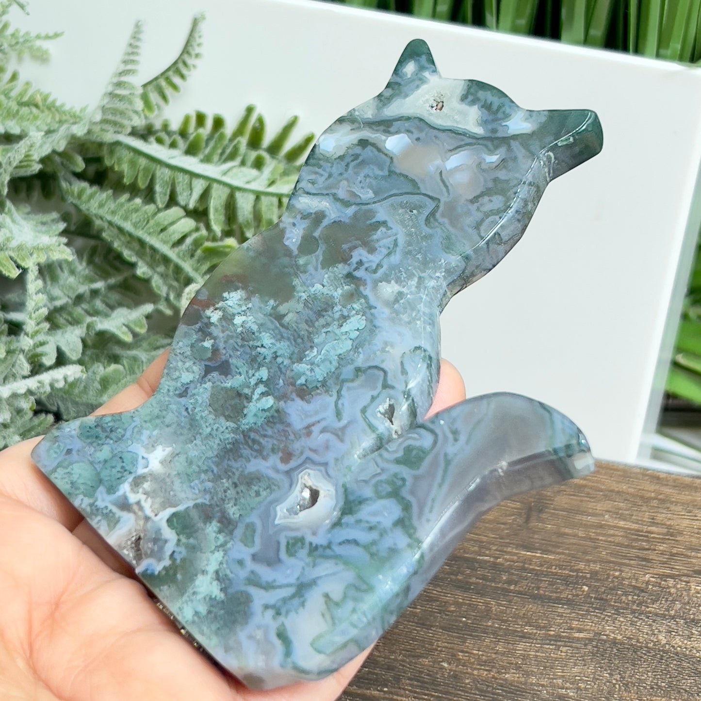 Moss Agate Kitty Cat Healing Crystal Animal Carving 144g