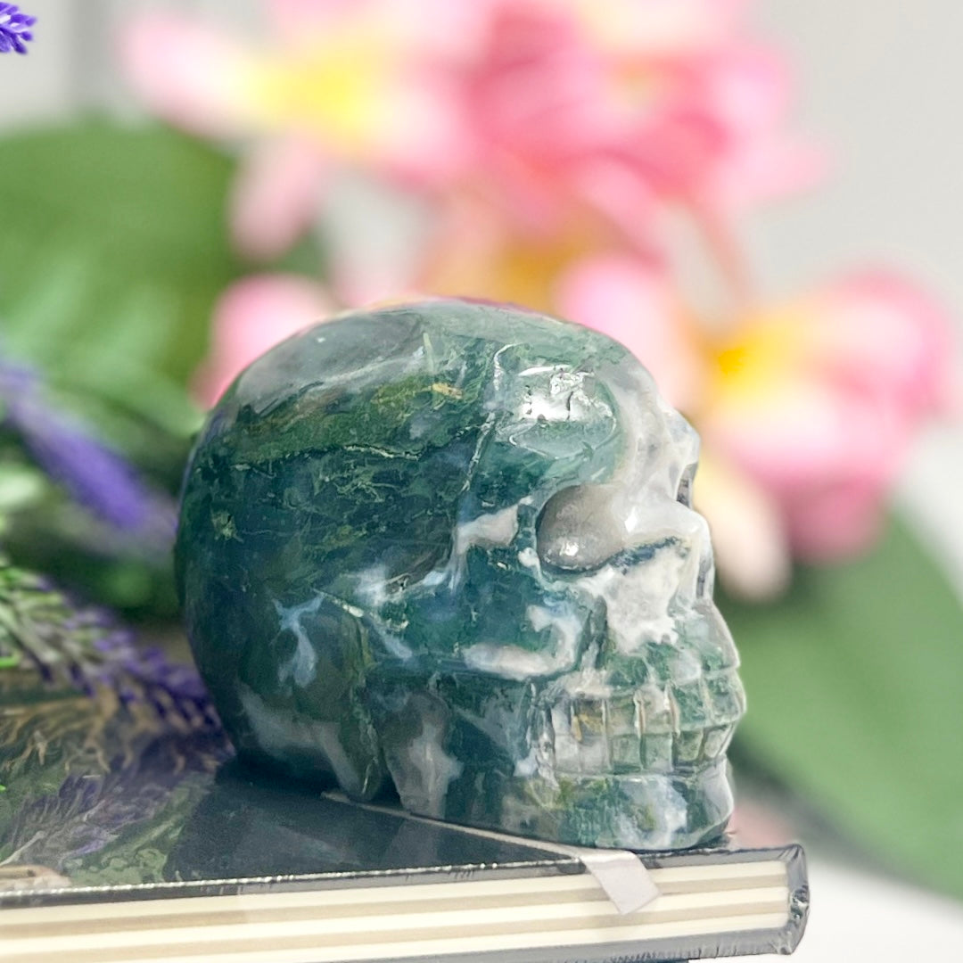 Moss Agate Skull Healing Crystal Carving 647g