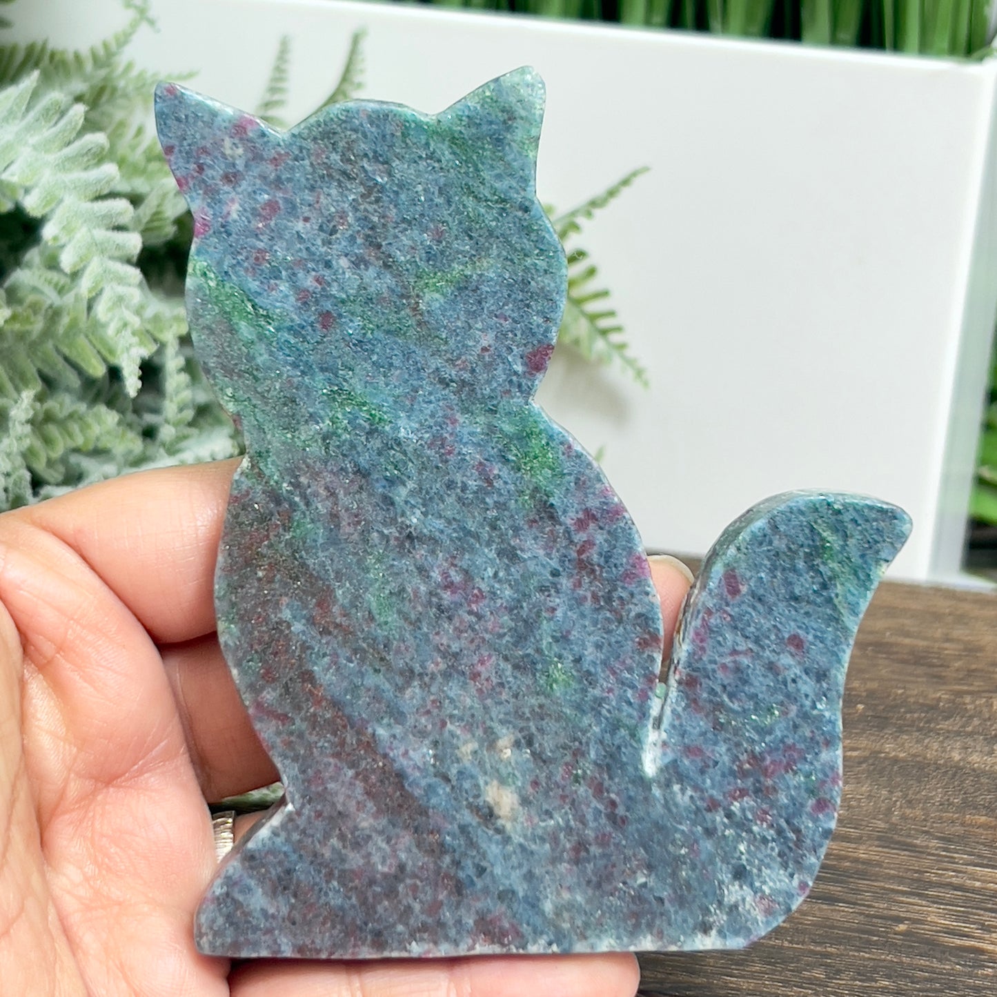 Ruby in Kyanite Zoisite Kitty Cat UV Reactive Crystal Animal Carving 240g