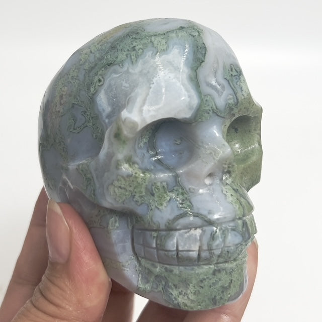 Moss Agate Skull Healing Crystal Carving 428g