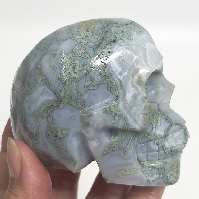 Moss Agate Skull Healing Crystal Carving 428g