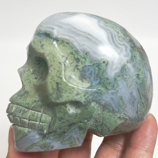 Moss Agate Skull Healing Crystal Carving 428g