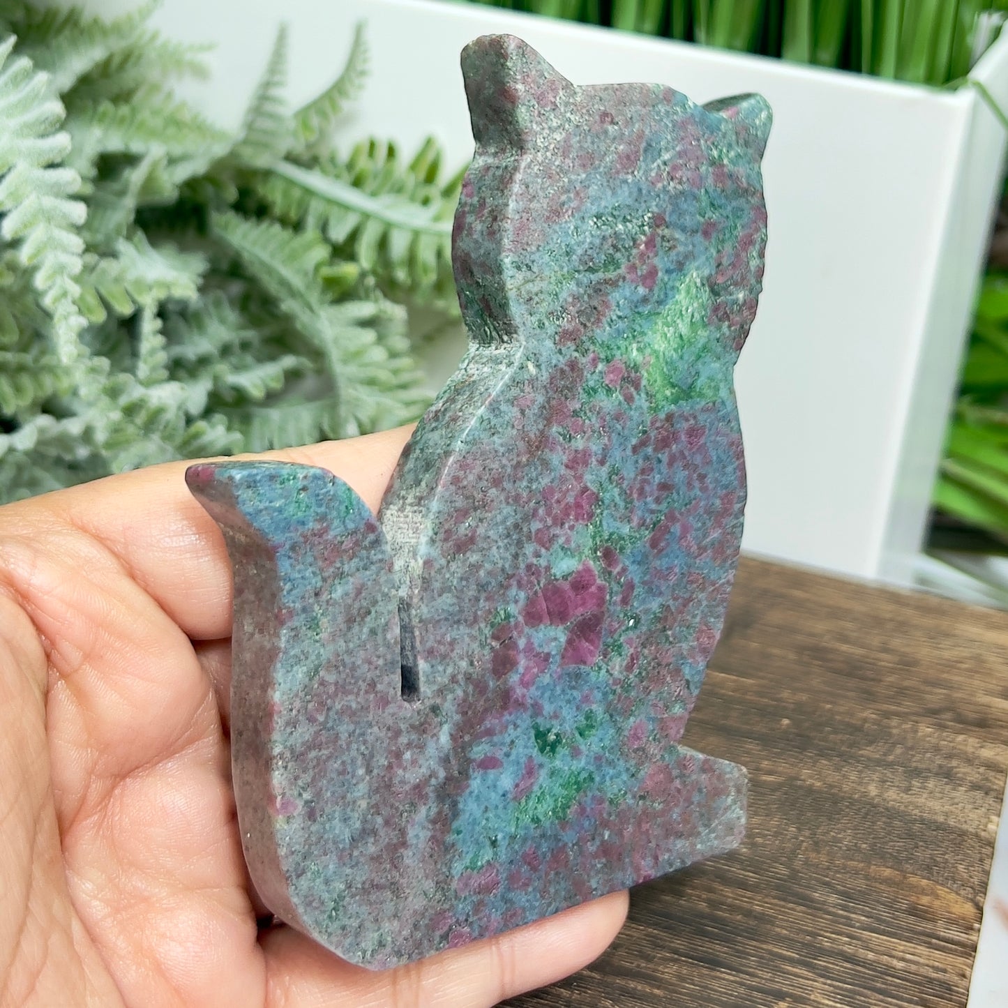 Ruby in Kyanite Zoisite Kitty Cat UV Reactive Crystal Animal Carving 252g