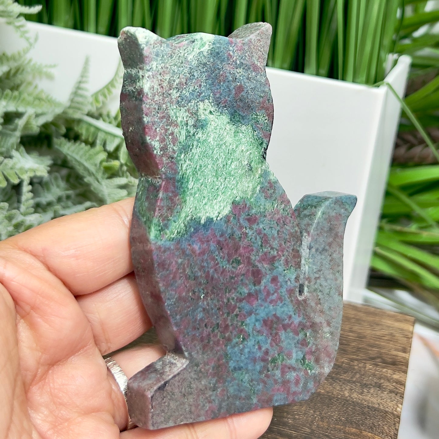 Ruby in Kyanite Zoisite Kitty Cat UV Reactive Crystal Animal Carving 252g