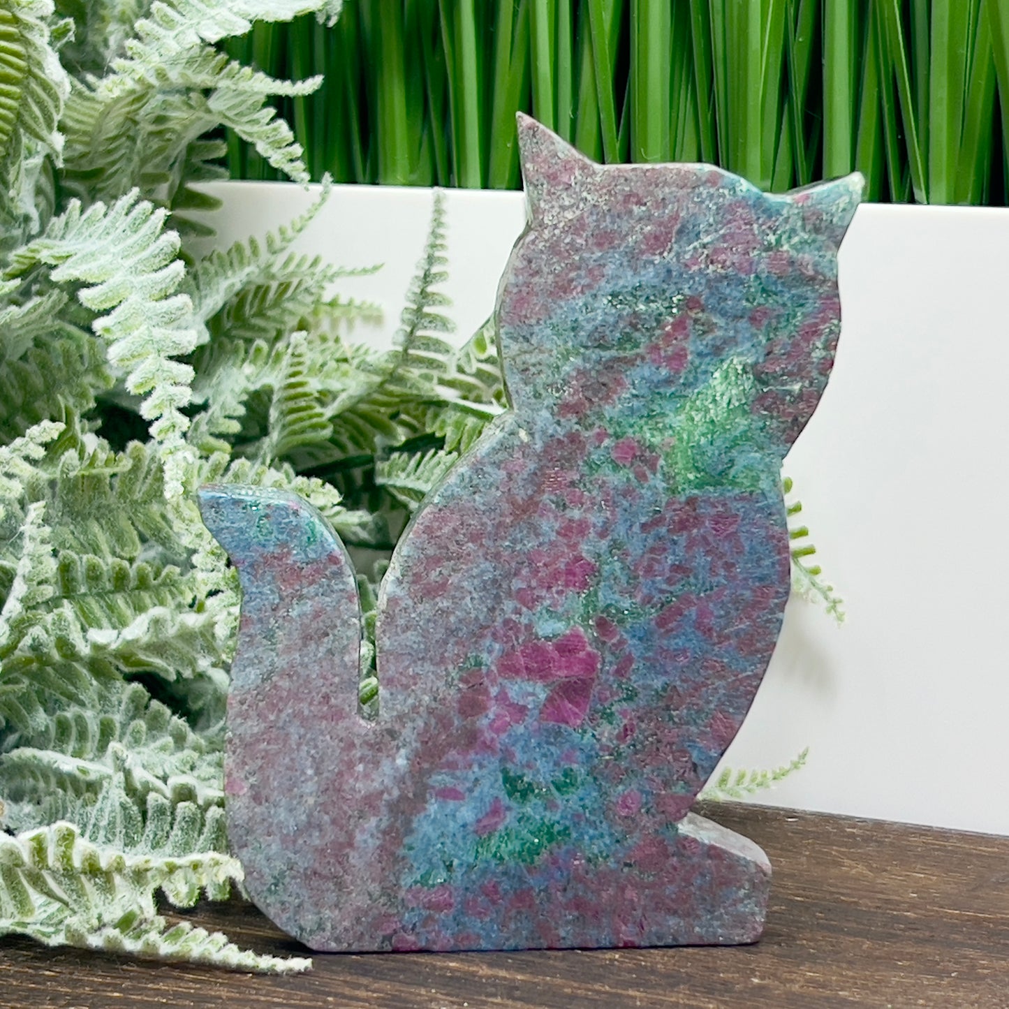 Ruby in Kyanite Zoisite Kitty Cat UV Reactive Crystal Animal Carving 252g