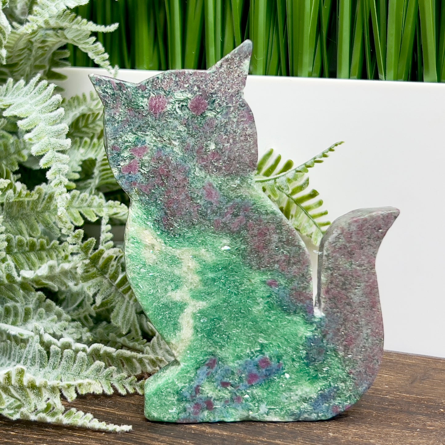 Ruby in Kyanite Zoisite Kitty Cat UV Reactive Crystal Animal Carving 206g