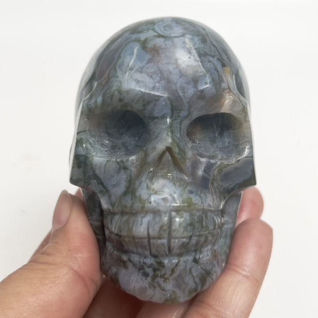 Moss Agate Skull Healing Crystal Carving 458g