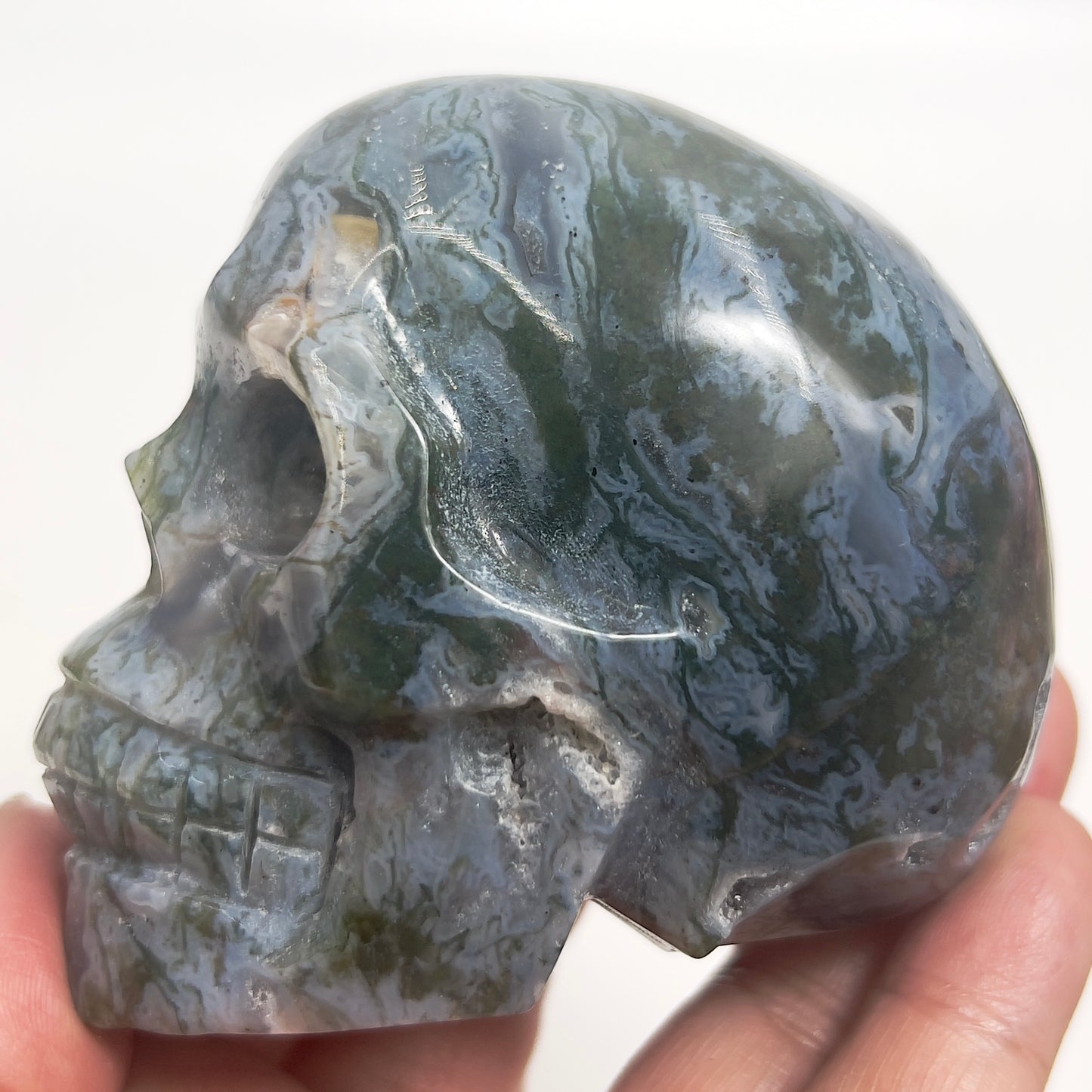 Moss Agate Skull Healing Crystal Carving 458g