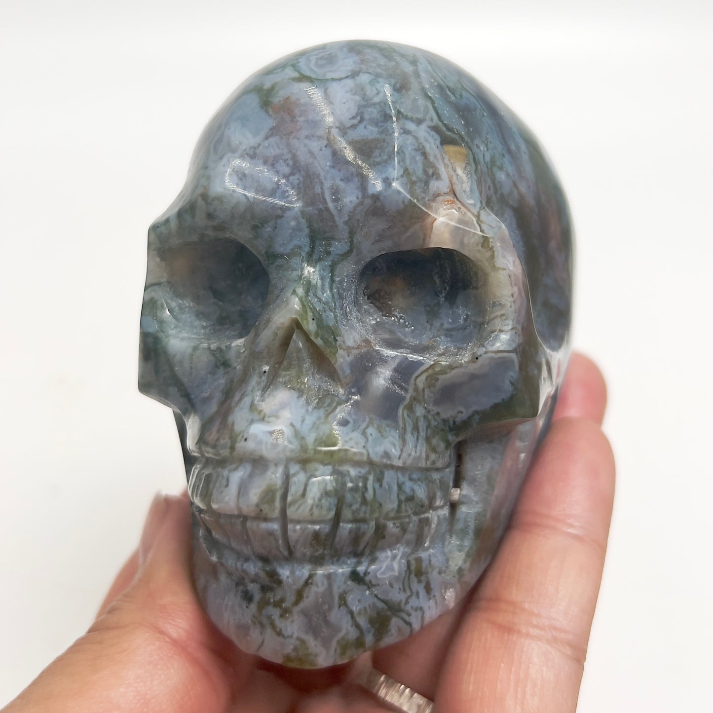 Moss Agate Skull Healing Crystal Carving 458g