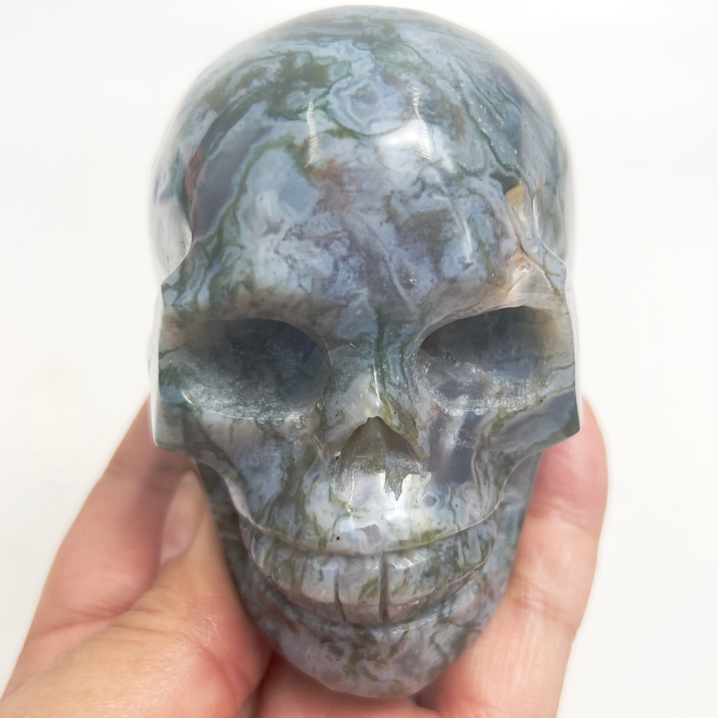 Moss Agate Skull Healing Crystal Carving 458g