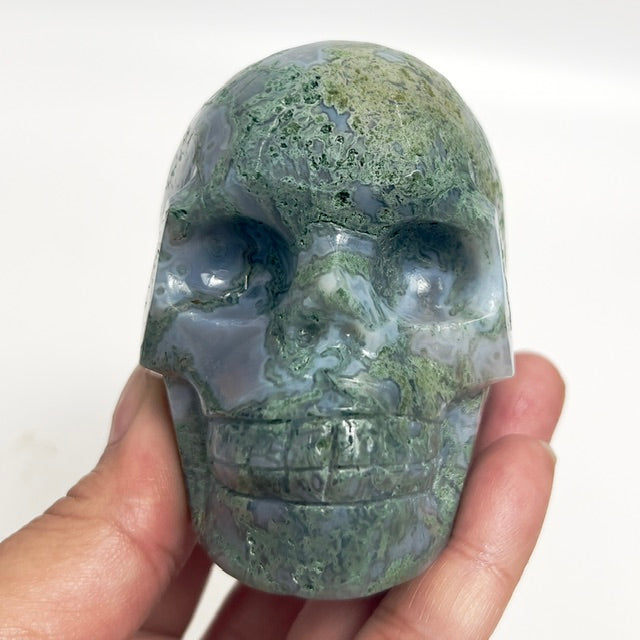 Moss Agate Skull Healing Crystal Carving 432g