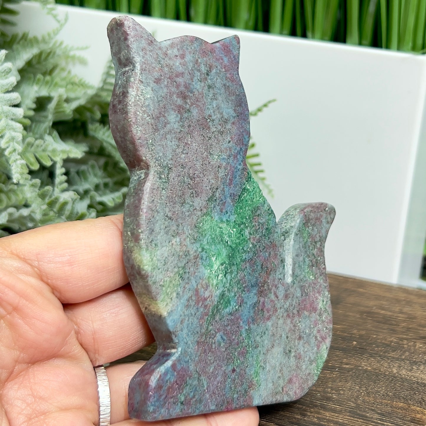 Ruby in Kyanite Zoisite Kitty Cat UV Reactive Crystal Animal Carving 222g