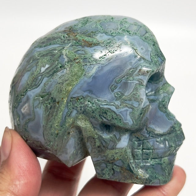 Moss Agate Skull Healing Crystal Carving 432g