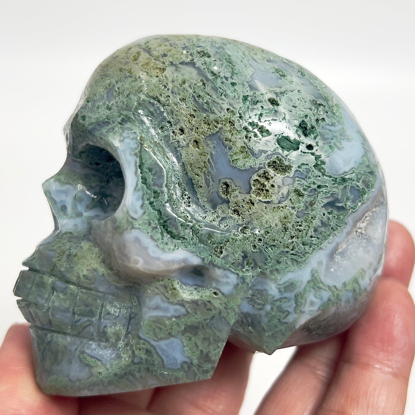 Moss Agate Skull Healing Crystal Carving 432g