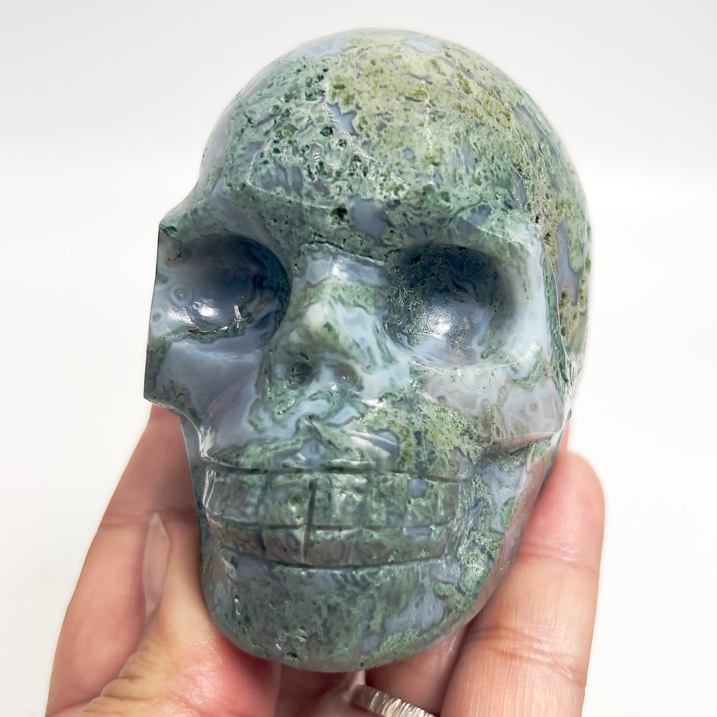 Moss Agate Skull Healing Crystal Carving 432g