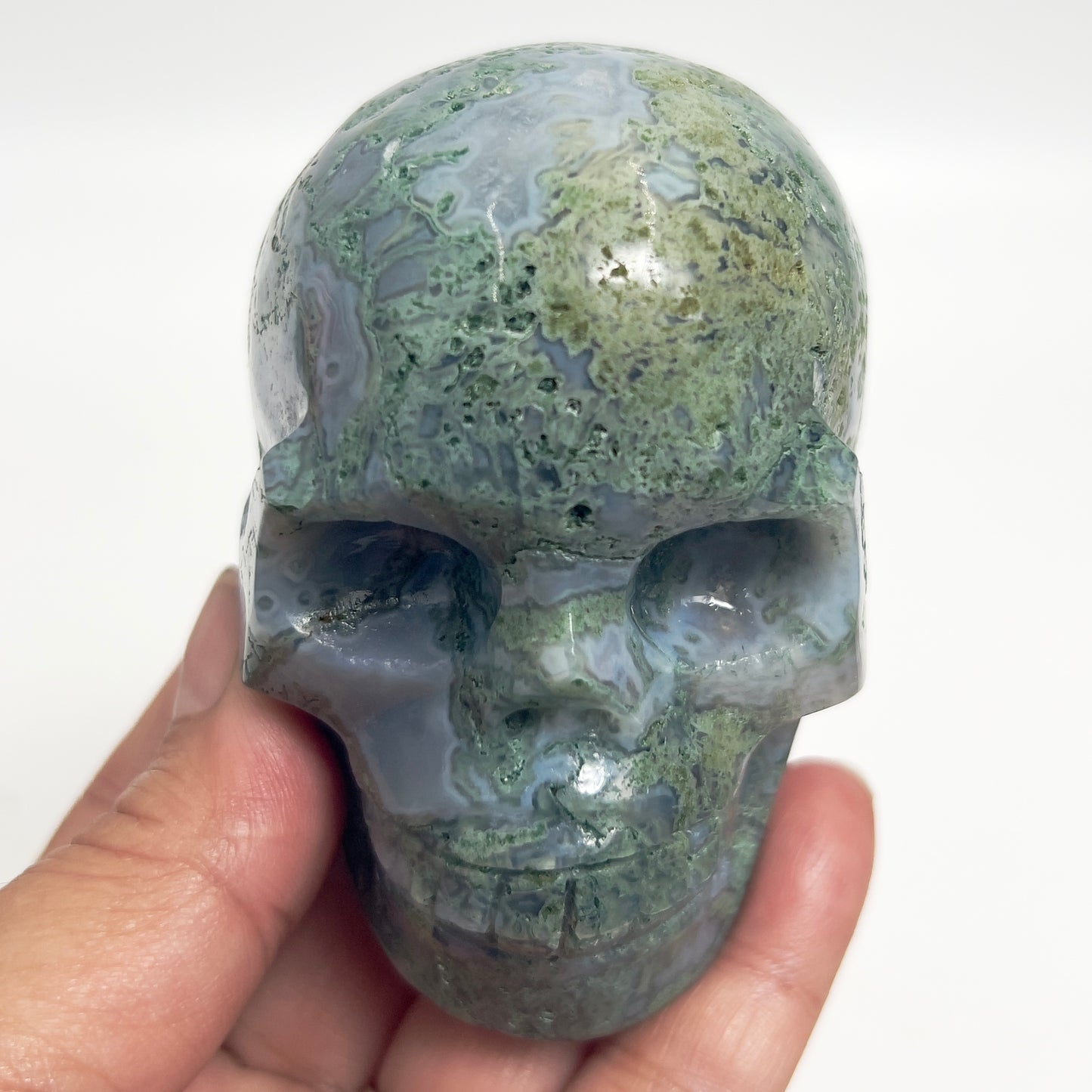 Moss Agate Skull Healing Crystal Carving 432g