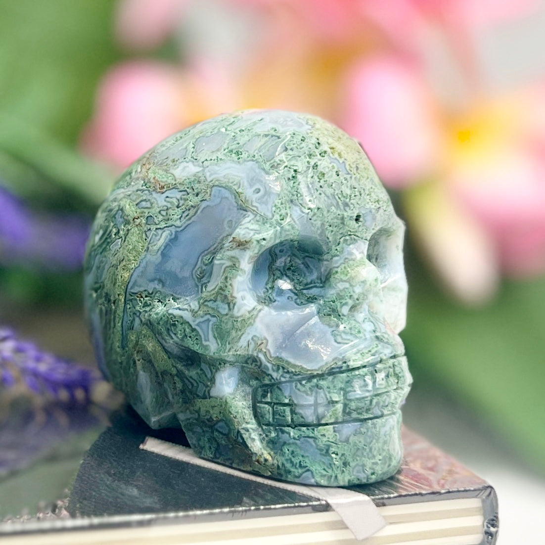 Moss Agate Skull Healing Crystal Carving 432g