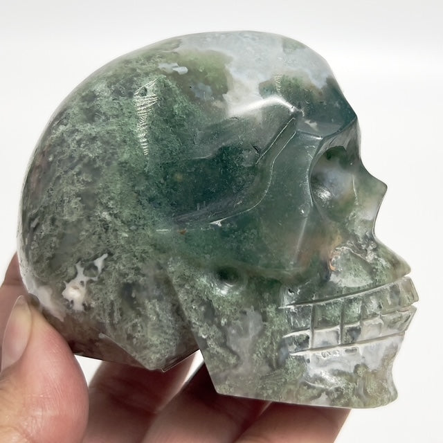 Moss Agate Skull Healing Crystal Carving 413g