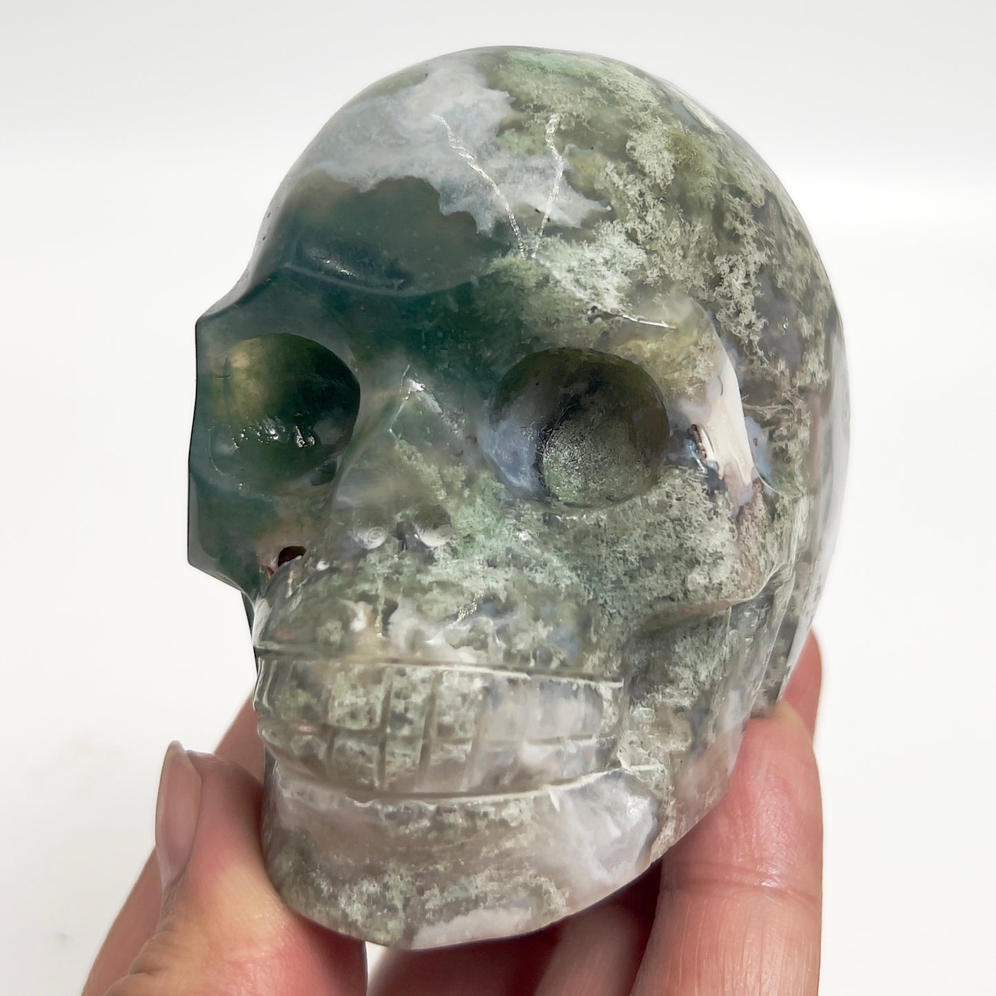 Moss Agate Skull Healing Crystal Carving 413g