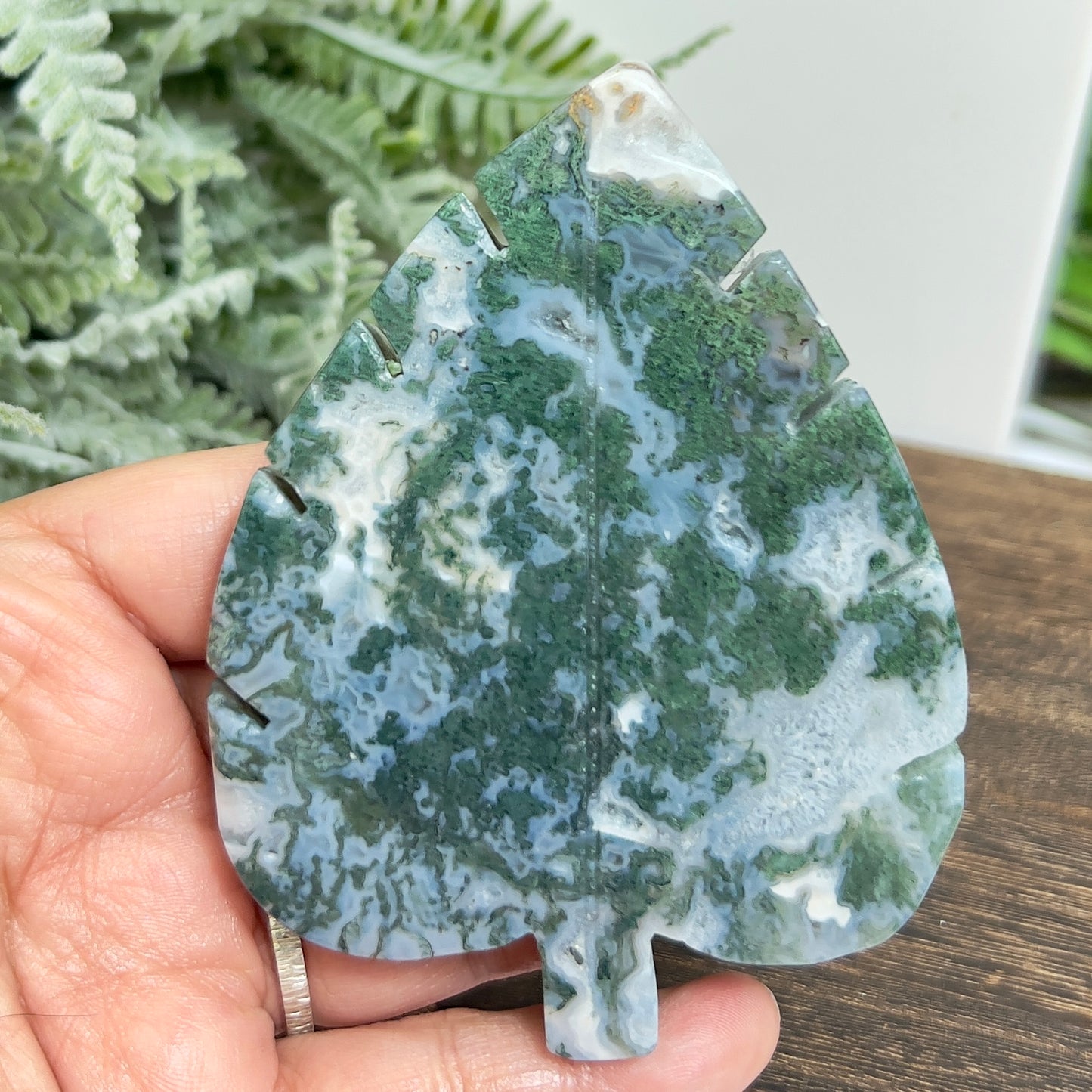 Moss Agate Leaf Healing Crystal Plant Carving 184g