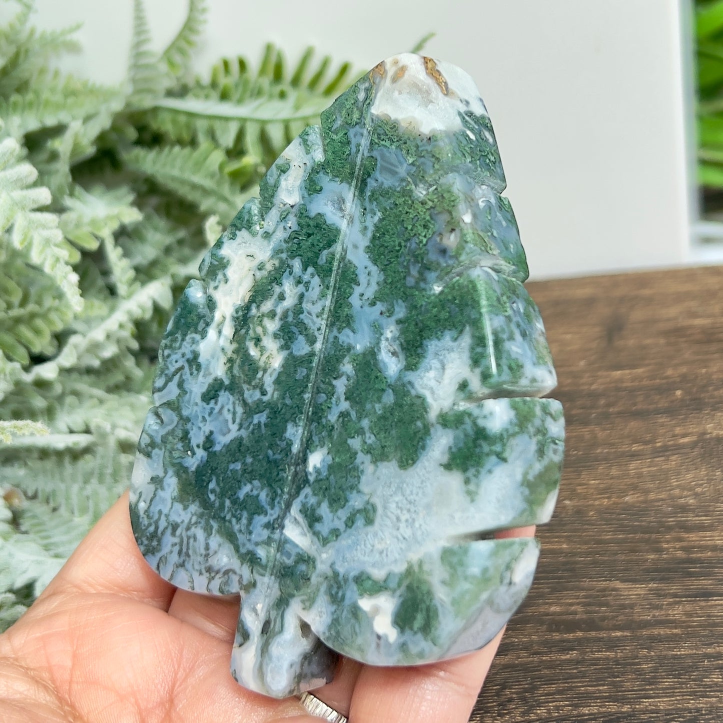 Moss Agate Leaf Healing Crystal Plant Carving 184g